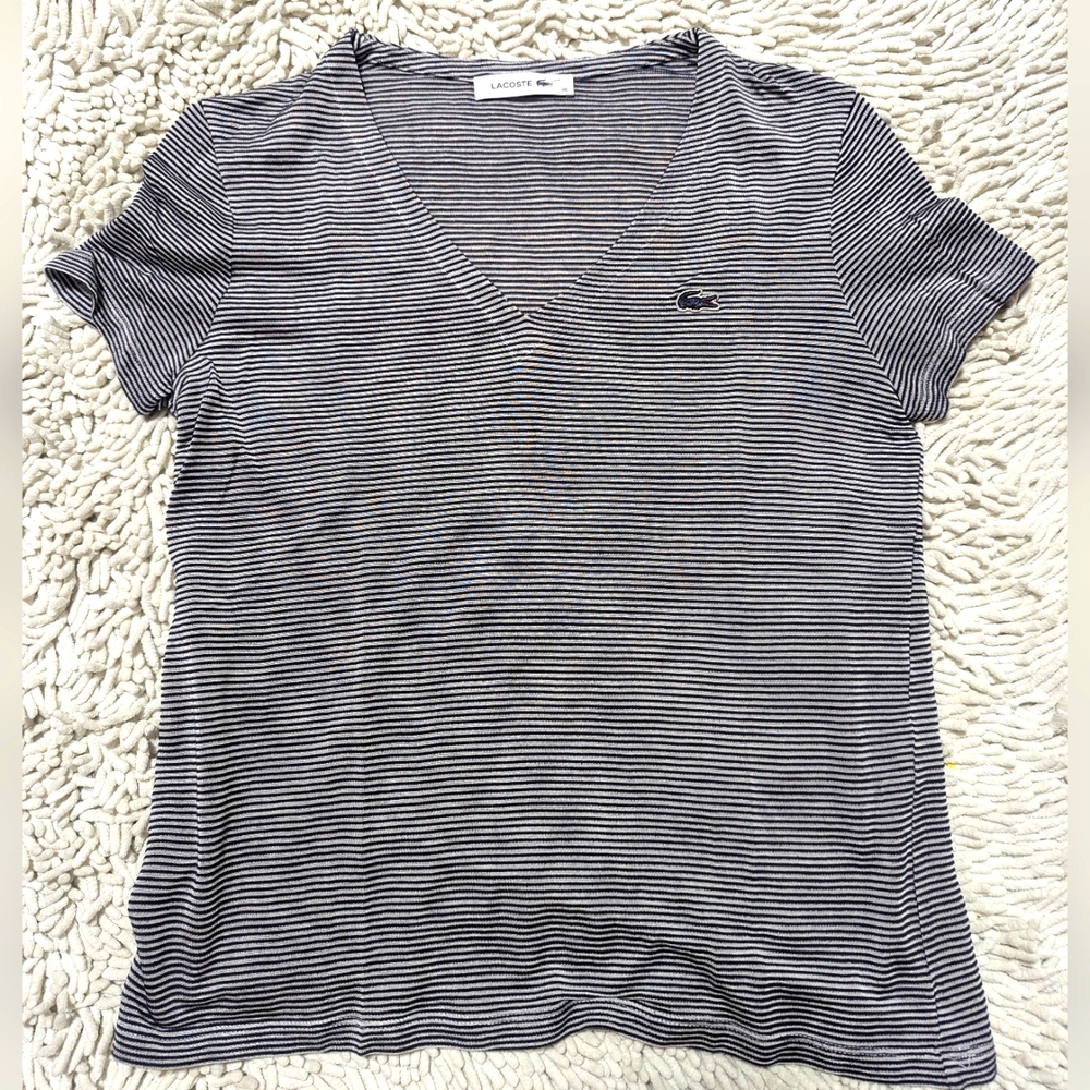 Lacoste Navy Blue Striped Short Sleeve Shirt- Size 36